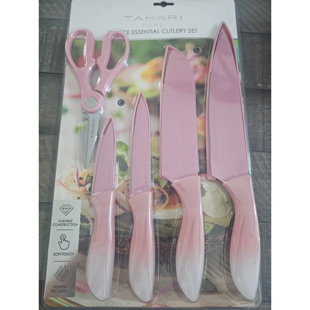 Tahari 9-Piece Essential Cutlery Set Pink Knives w/ Sheaths & Scissors NIP